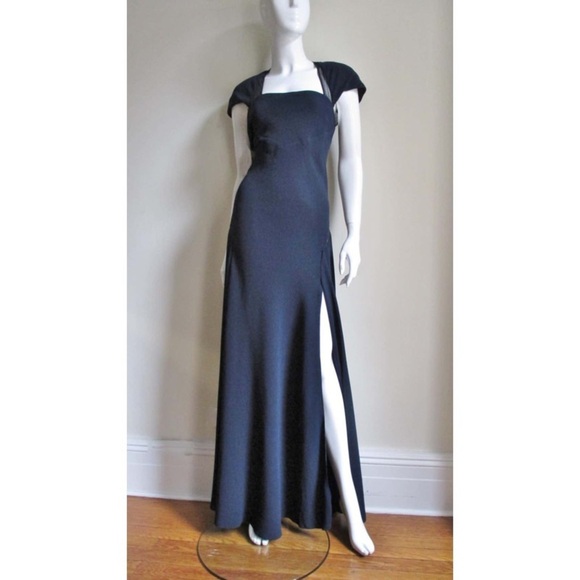 Jackie Rogers Vintage 1990s Navy Blue Sheer Panel Multi Slit Silk Gown EUC Sz 8 - Picture 10 of 11